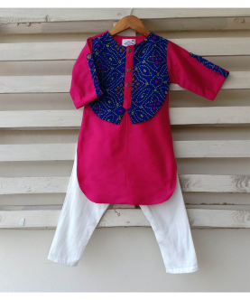 Pink Silk kurta With Blue Bandini Jacket