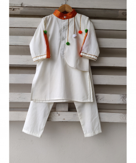 White Kurta With Attached Jacket And Pajama Set