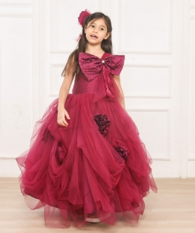 Maroon Draped Gown With Big Velvet Bow