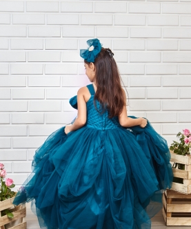Teal Blue Draped Gown With Big Velvet Bow