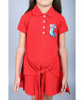 Girls Polo Dress With Baby Dinosaur Hand Embellishment And Tie-Up Dress Silhouette
