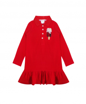 Red Polo Dress With Frills At Hem And Ice Popsicle Motif