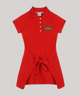 Red Polo Dress With Front Tie-Up Knot And Hand-Embellished Crown Motif