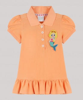 Peach Polo Dress With Ruffles At Hem And Hand-Embellished Mermaid Motif