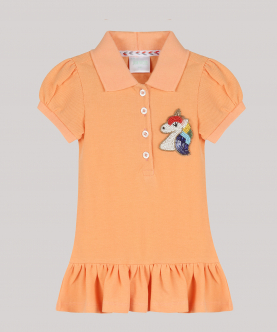 Peach Polo Dress With Ruffles At Hem And Hand-Embellished Colourful Unicorn Motif