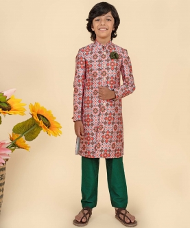 Orange And Green Printed Sherwani Set Teamed With Pyjama