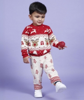 Jaunty Reindeer Jacquard Sweater With Lower - Set Of 2