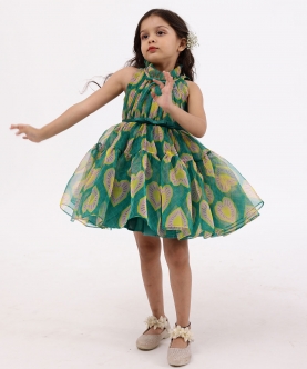 Green Printed Heart Party Dress With Hair Pin