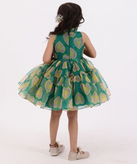 Green Printed Heart Party Dress With Hair Pin