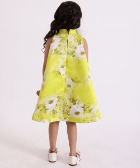 Green Printed Party Dress With Hair Pin