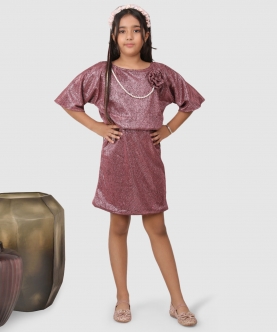 Knee Length Glitter Dress With Pearl Embelishment Pink
