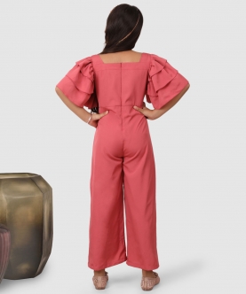 Layered Flare Sleeve Jumpsuit With Pearl Embelishment Pink