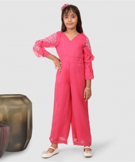 Jelly Joones Jumpsuit With Ruffel Net Sleeves Pink