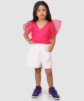 Ruffle Sleeve Top With Shorts Pink And White
