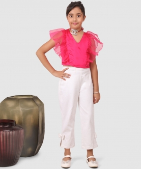 Ruffle Sleeve Top With Pant Pink And White