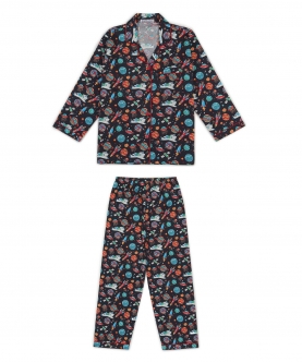 Space Rocket Print Cotton Long Sleeve Kids Night Suit