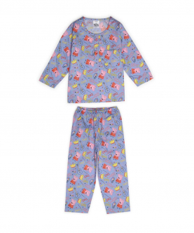 Peppa Crown Print Round Neck Long Sleeve Kids Night Suit