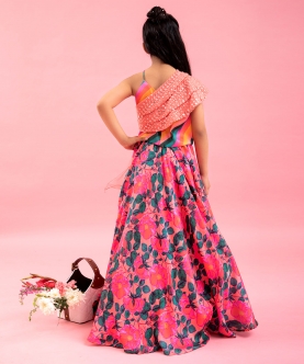 Layered Cape With Crop Top With Floral Lehenga
