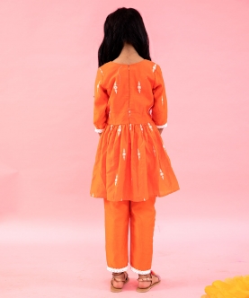 Orange Peplum Embroidered Kurta With Pant And Dupatta