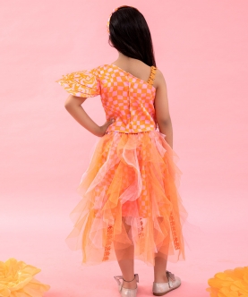 One Off Shoulder Crop Top With Orange Check Print Skirt