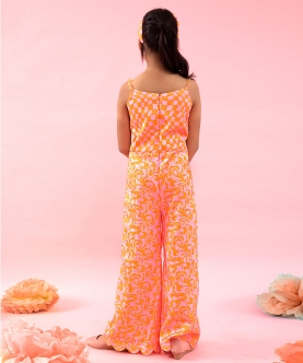 Sleeveless Check Print Jumpsuit With Stylish Flowers On Top