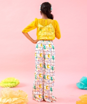 Stylish Scalaped Yellow Organza Top With Multicolour Pants