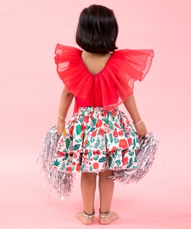 Red Layered Organza Top With Flower Print Skirt