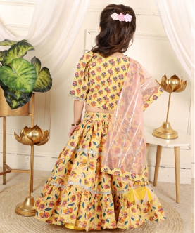 Cotton Printed Lace Work Top With Lehenga