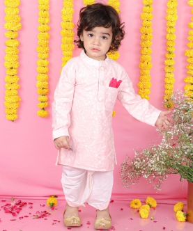 Floral Thread Embroidered Pink Kurta With Dhoti