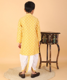 Yellow Thread Embroidered Kurta With Dhoti
