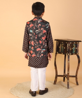 Printed Black Kurta With Floral Jacket And Pyjama