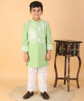 Green Kurta With Floral Attached Jacket And Pyjama