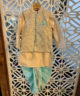 Embroidered Jacket With Beige Kurta And Dhoti