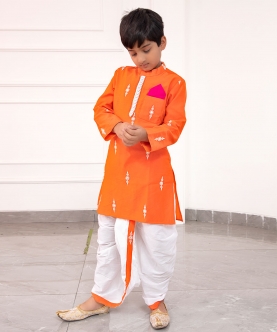 White Embroidered Orange Kurta With Dhoti