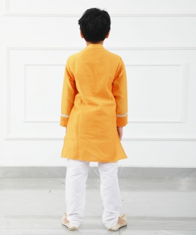 Orange Chanderi Kurta With White Chudidar Pyjama