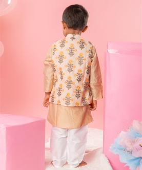 Embroidered Beige Jacket With Beige Kurta And Pyjama