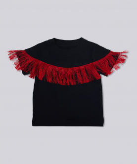 Beyabella Drop Shoulder Embellished Fringe T- Shirt- Black