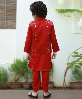 Red Kurta Set With Embroidered Nehru Jacket