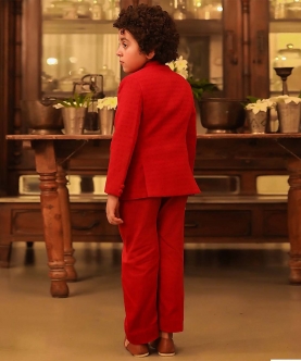 Red Organic Cotton Dobby Tuxedo Jacket Set 