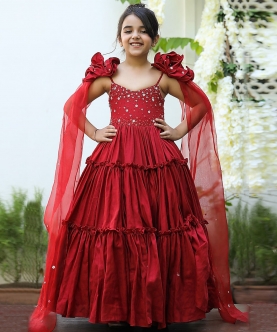 Red Embroidered Tiered Gown