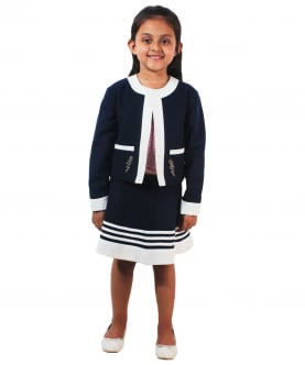 Navy Blue Jacket and Skirt with White Blocking and Embroidery