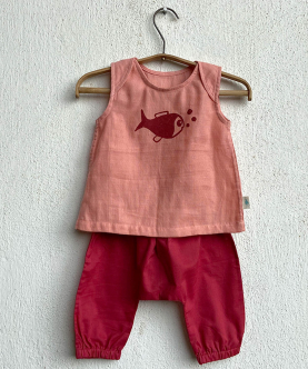 Whitewater Kids Unisex Organic Koi Peach Jhabla With Red Pants
