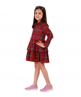 Lurex Check Yarn Dyed Tier Dress With Velvet Tape At Waist