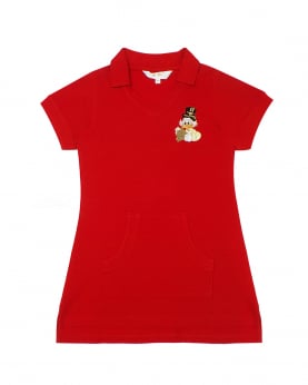 Red Polo Dress With Kangaroo Pocket & Donald Duck Embroidery