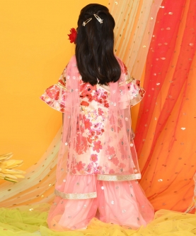 Girl Floral Print Pink Kurta With Sharara And Dupatta