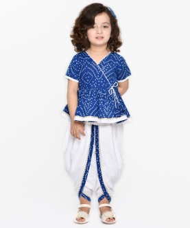 Bandhani Blue & White Cotton Printed Dhoti Peplum For Girls