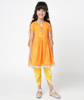 Marigold Magic Girls Orange Embroidered Kurta With Dhoti Set