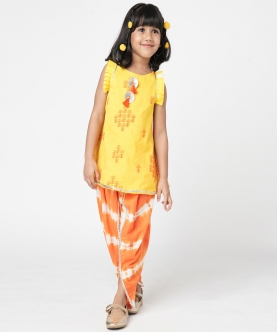 Marigold Magic Girls Yellow Embroidered Kurta With Dhoti Set