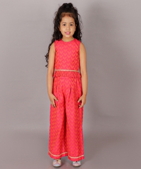 Folklore Girls Pink Crop Top With Pants Co-Ordinate Set