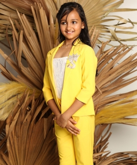 Lace Work Top With Collar Yellow Jacket And Lycra Crepe Pant